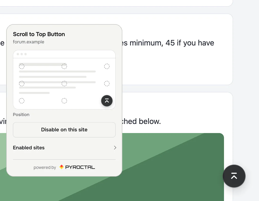 A forum thread with the round scroll to top button in the corner, and the Scroll to Top Button popup with its nine-position picker